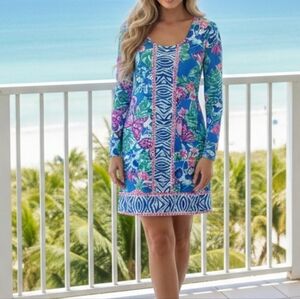 This is a Lilly Pulitzer UPF 50+ Nadine dress in the "Pundy Blue Isle Be Back"